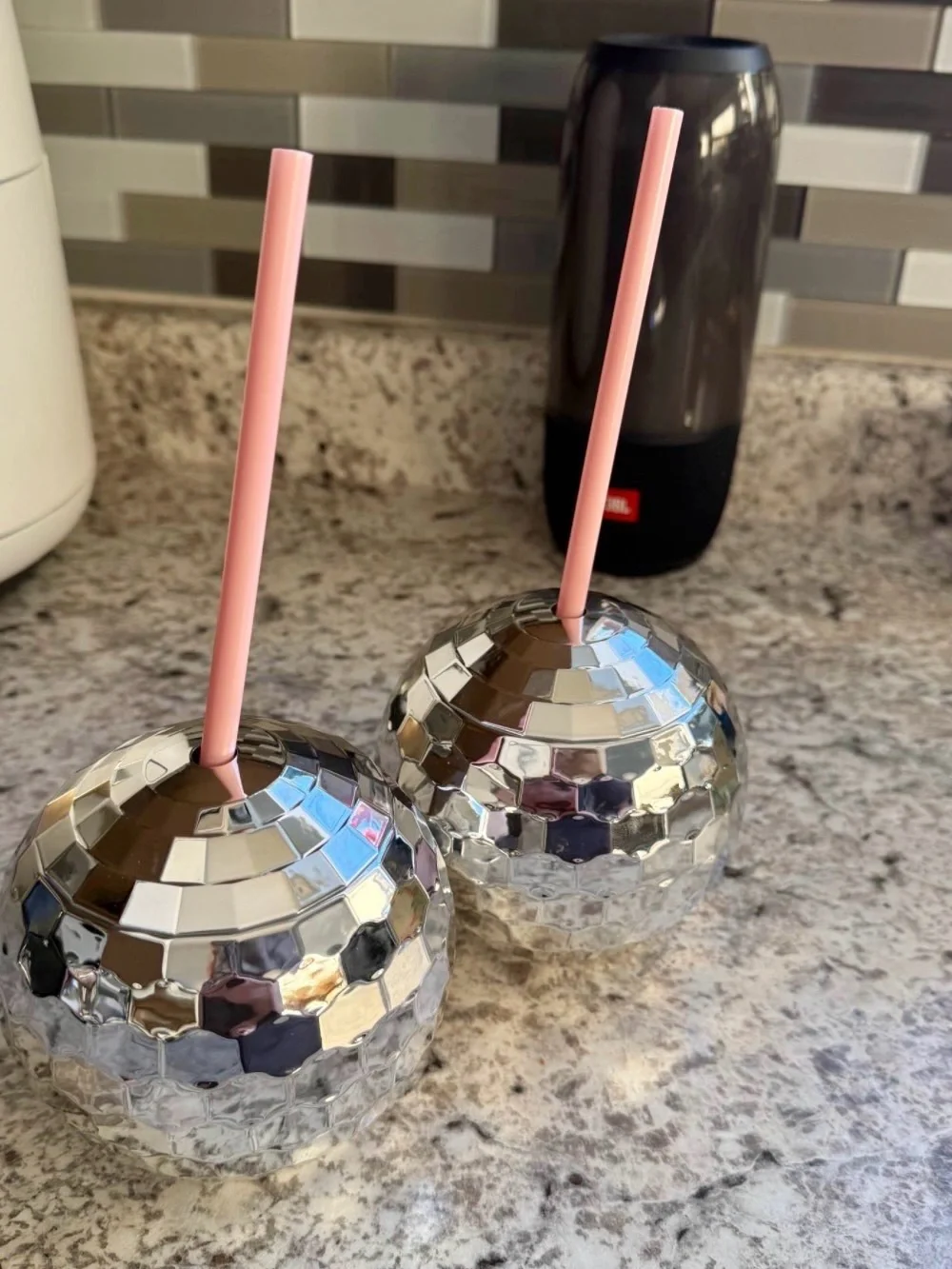 Silver Disco Ball Drink Tumblers with Pink straws